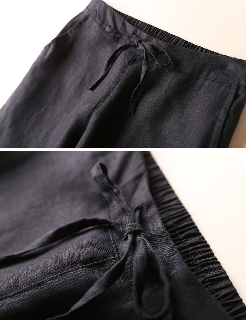 IXIMO Women's Tapered Pants 100% Linen Drawstring Back Elastic Waist Pants Trousers with Pockets Black S - Image 3